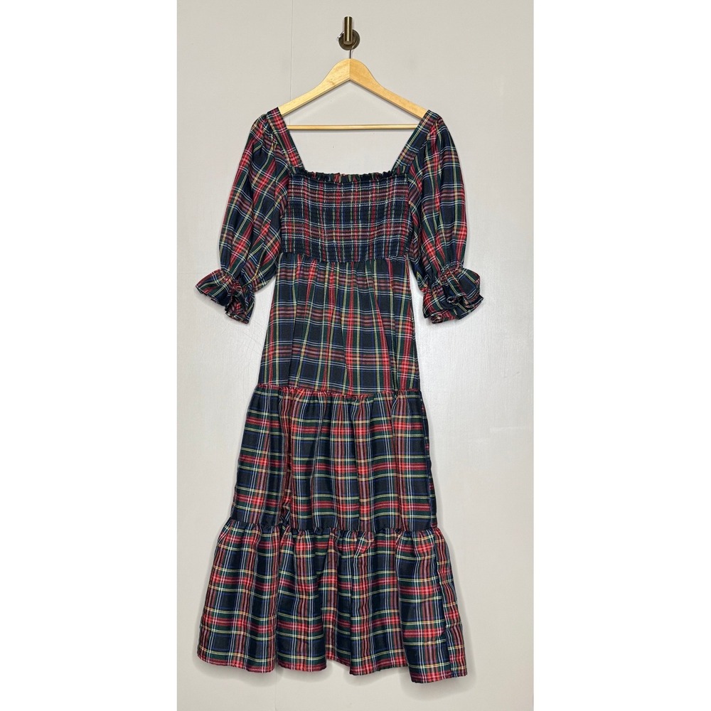 Aura Plaid Tartan Tiered Midi Dress Small Smocked Bodice Puff Sleeve Cottagecore